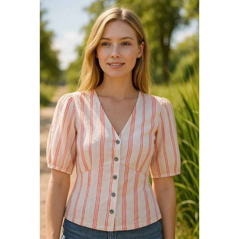 The Good Jane Striped Button Front Peplum Top Puff Sleeve NWOT Size Small (Measu